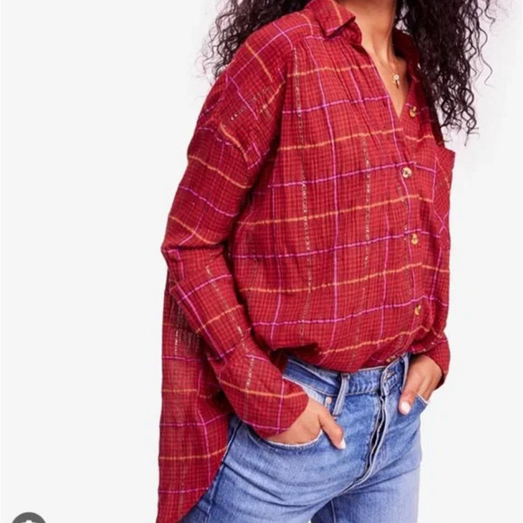 Free People Break My Stride Plaid Tunic Size Medium - Red Long Sleeve Oversized - Picture 1 of 11